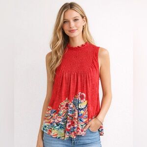 Anthropologie Deletta Dominica Floral Swing Top Red Chiffon Smocked Tank Small